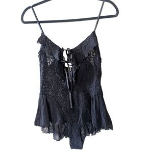 Vintage Victoria's Secret Bodysuit Nightie Romper Medium Black Lace Sheer